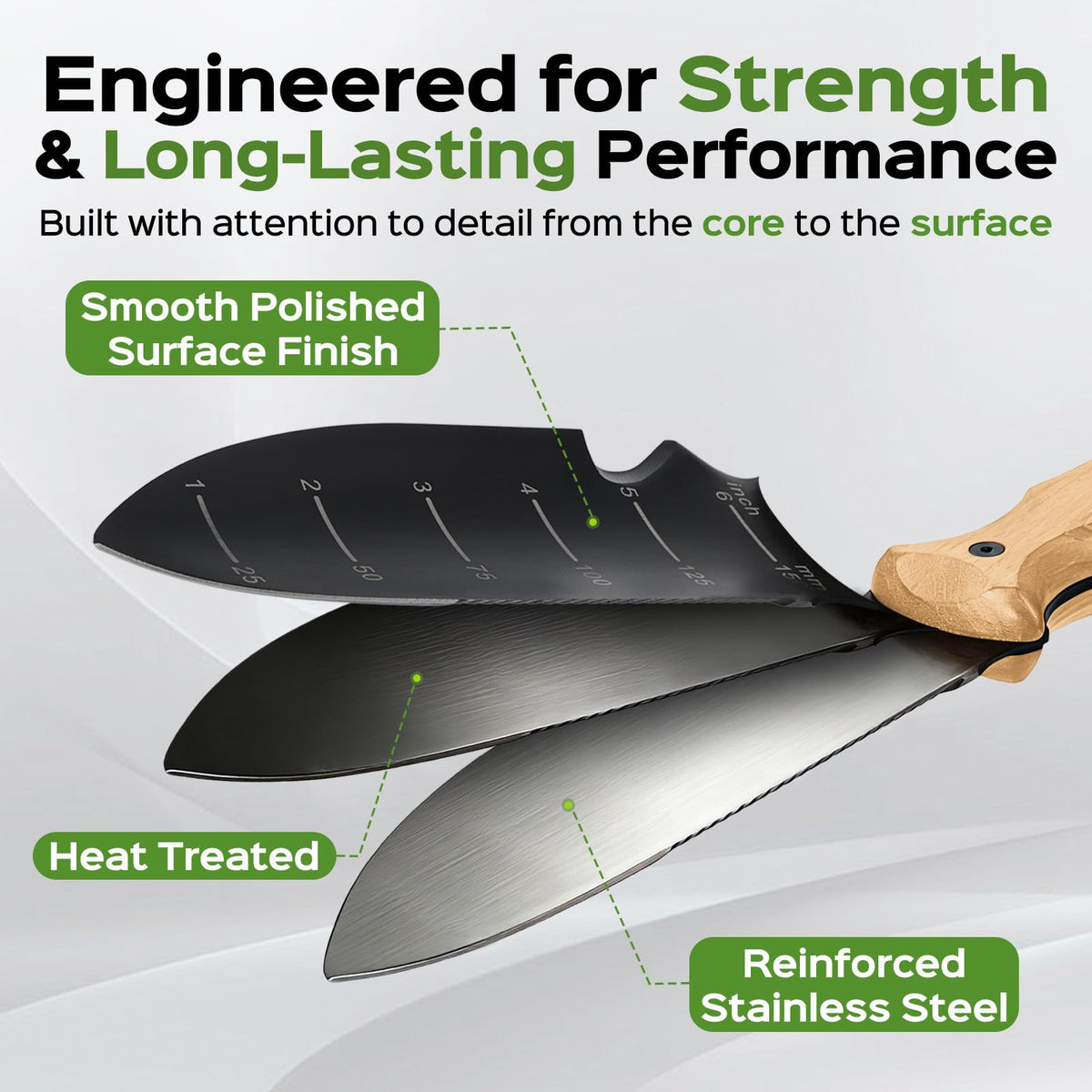 STRFOG curved blade helps controlled digging and soil work.