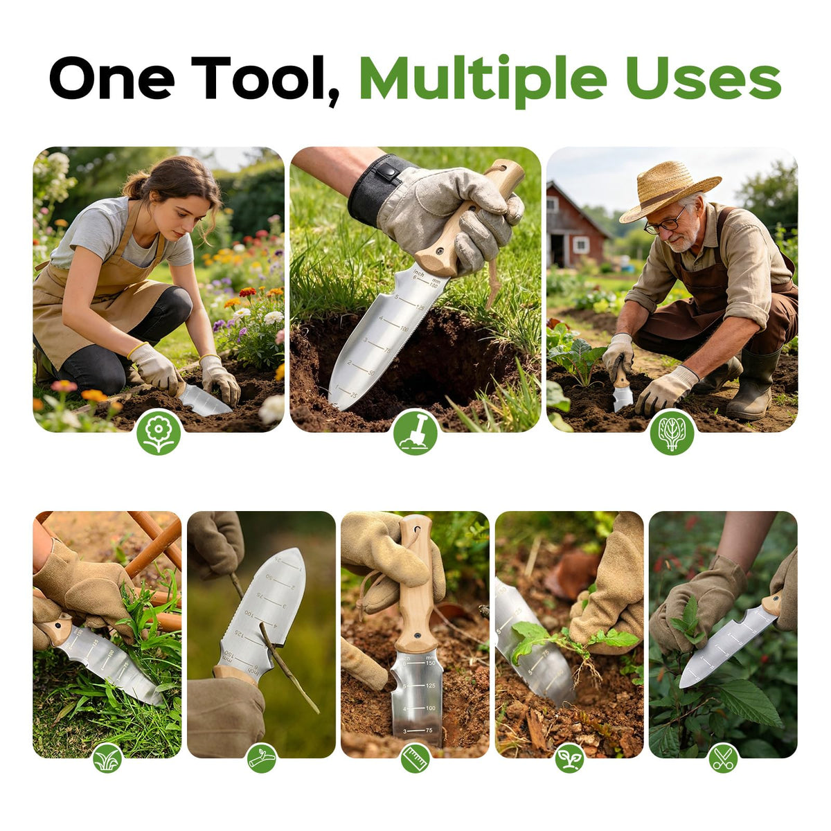 STRFOG trowel dual-scale markings enable accurate planting depth references.