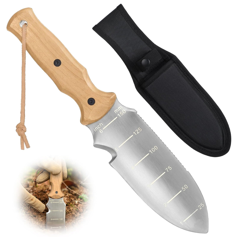 STRFOG garden trowel with EDC sheath close-up showing precise digging.