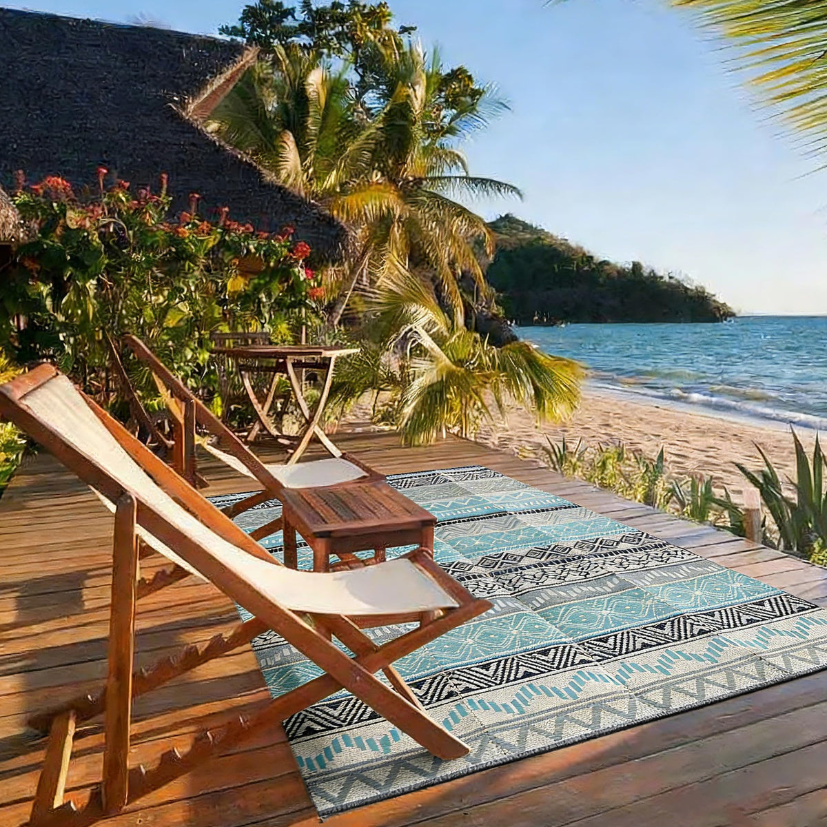 Strickland Home weather-resistant rug suited for patios, beaches, and parks.