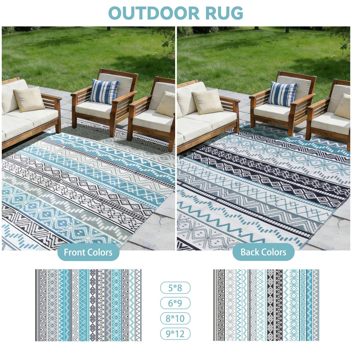 Strickland Home reversible outdoor rug with dual patterns for patio or camp.
