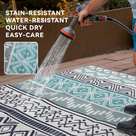Strickland Home UV-stable rug preserves color in sunlit patios.