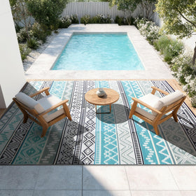 Strickland Home waterproof 5x8 outdoor rug folded for travel, easy storage.