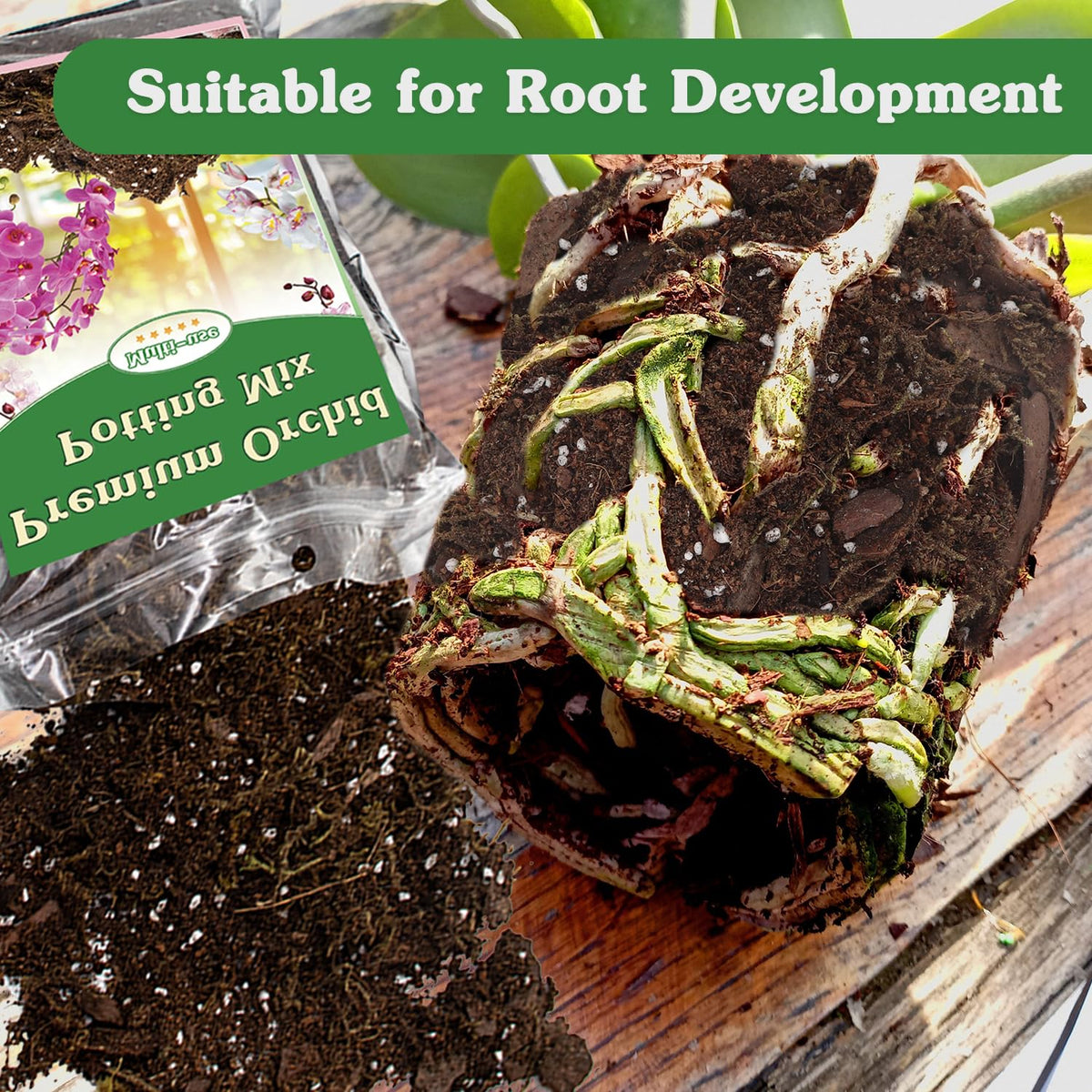 Stroller Orchid Potting Mix 4quart packaging showcases convenient all-in-one repotting solution.