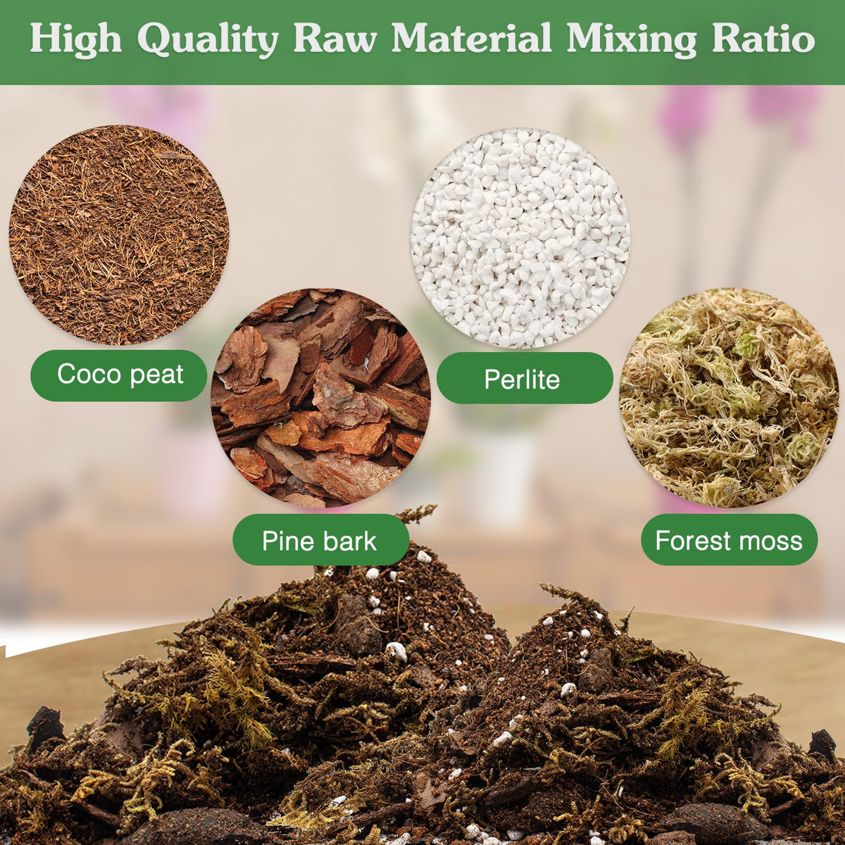 Stroller Orchid Potting Mix perlite detail highlights drainage and airflow benefits.