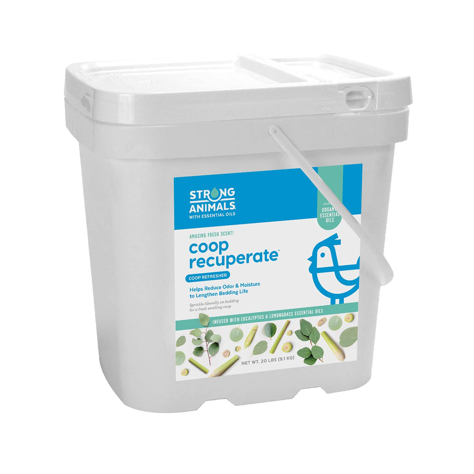Strong Animals Coop Recuperate 20lb pail ready for use, offering odor control and moisture absorption.