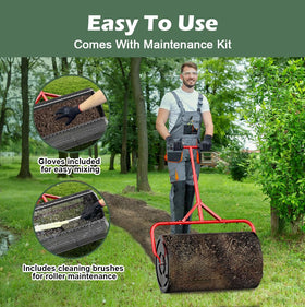 Sturdon peat moss spreader front view emphasizes robust frame for reliable lawn care