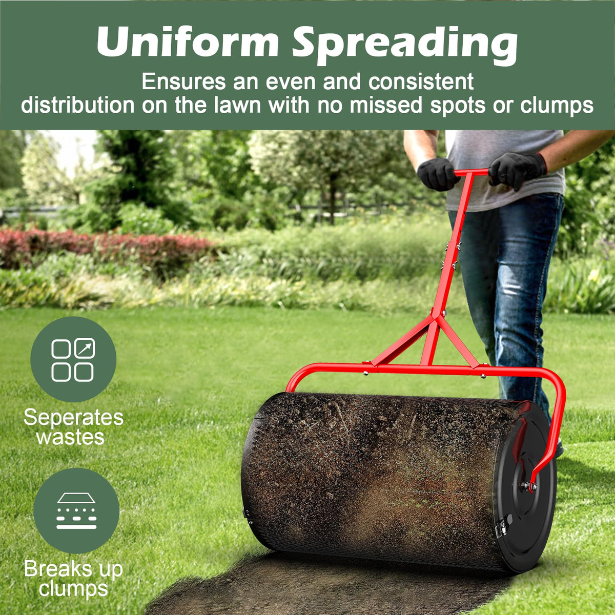 Sturdon peat moss spreader refill door shows easy refilling with generous access