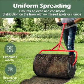 Sturdon peat moss spreader refill door shows easy refilling with generous access