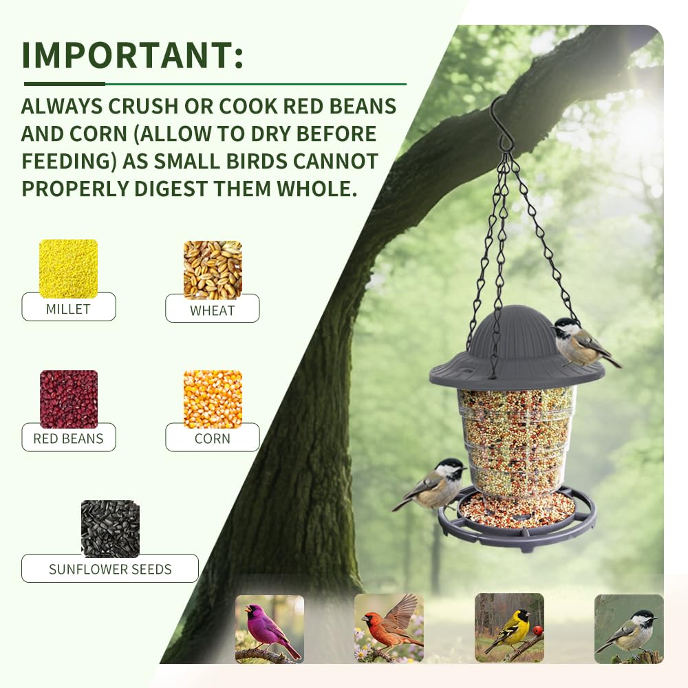 STWPYL Small Bird Feeder keeps feed dry with drainage.