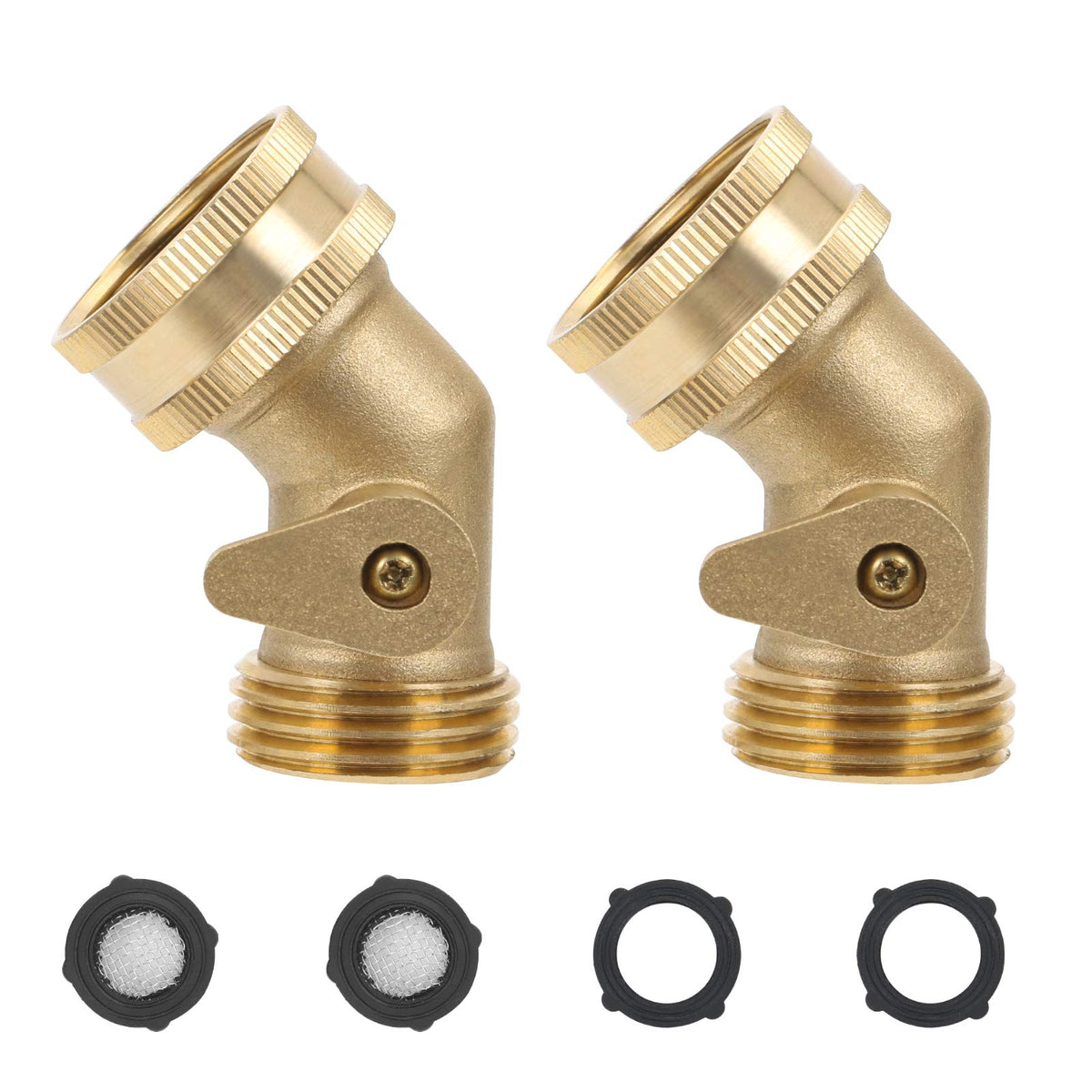 STYDDI garden hose elbow at 45-degree angle reduces kinks for flexible connections.