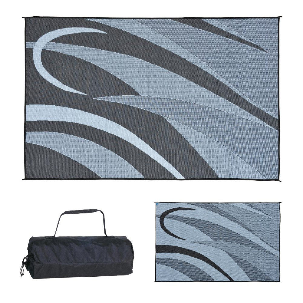 Stylish Camping GA1 reversible graphic patio mat in black and silver for outdoor spaces.