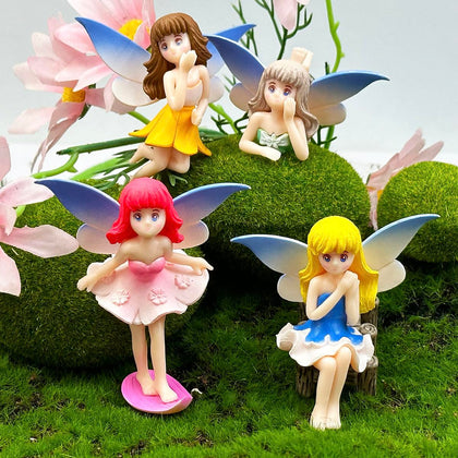 Suartus four-piece miniature fairy figurines set enhances garden scenes with playful color