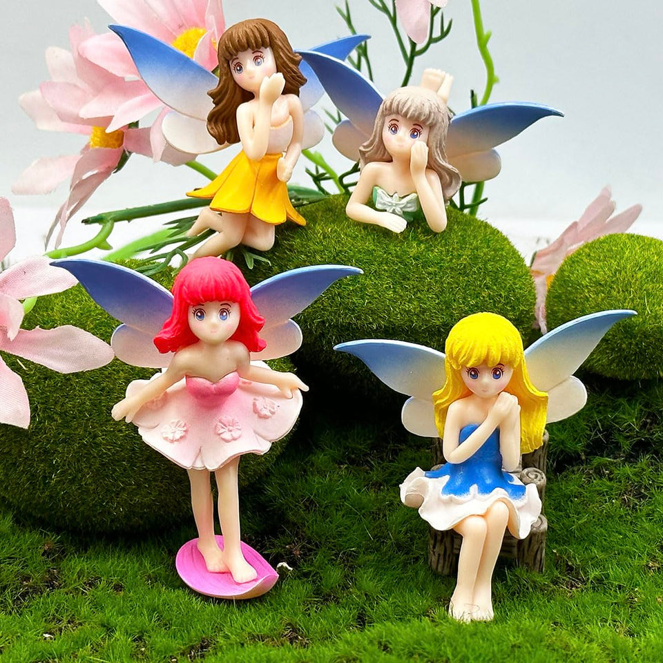 Suartus four-piece miniature fairy figurines set enhances garden scenes with playful color