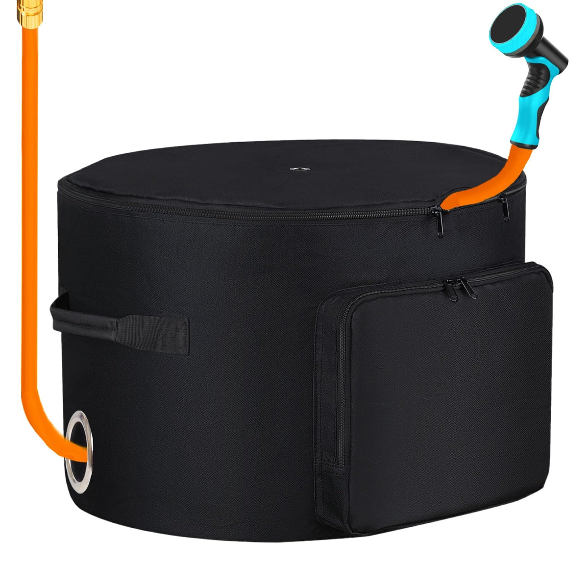Sublimei garden hose holder standing bag with outdoor entry hole for easy deployment.