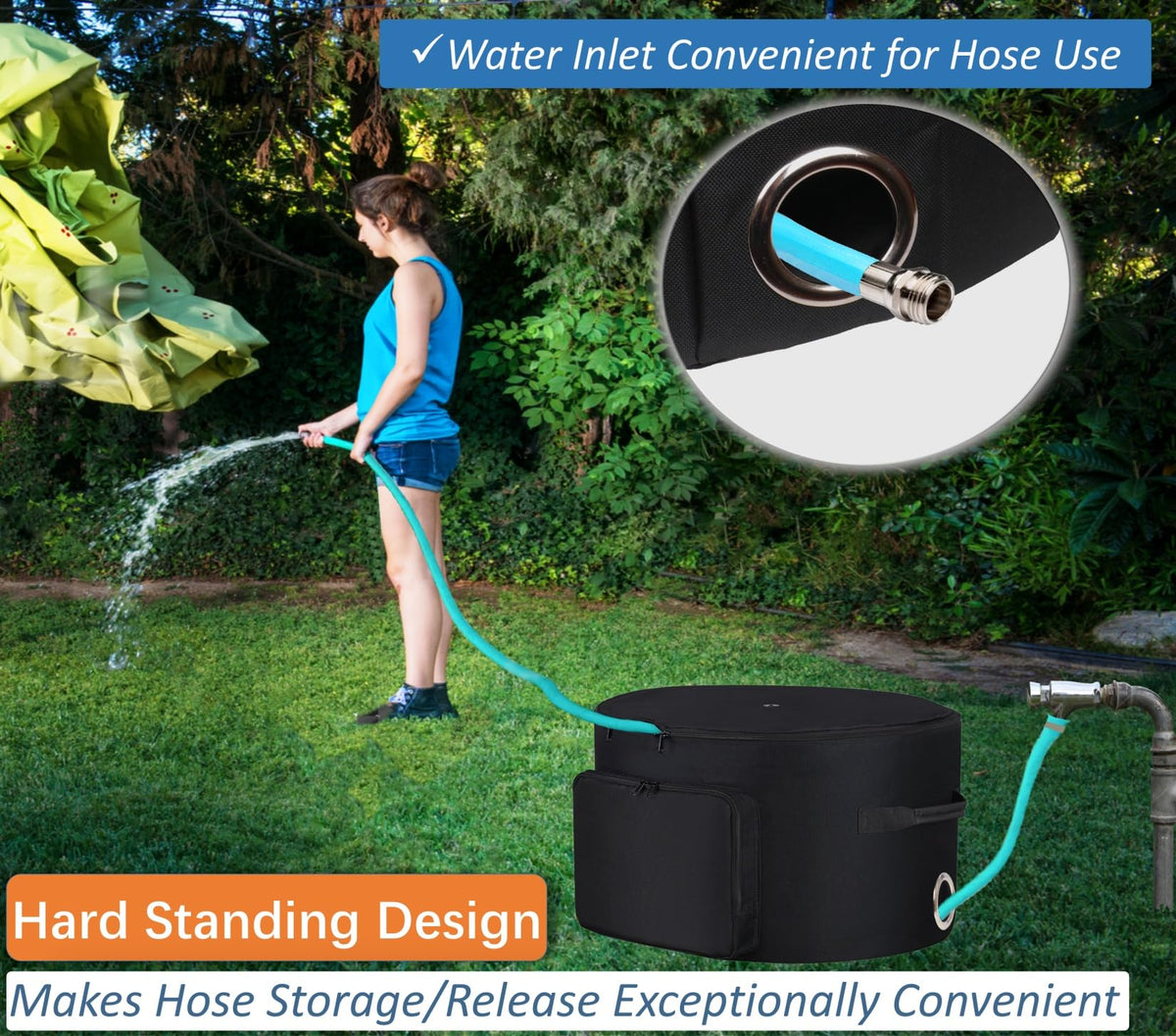 Sublimei hose bag showing built-in pockets for gardening tools.