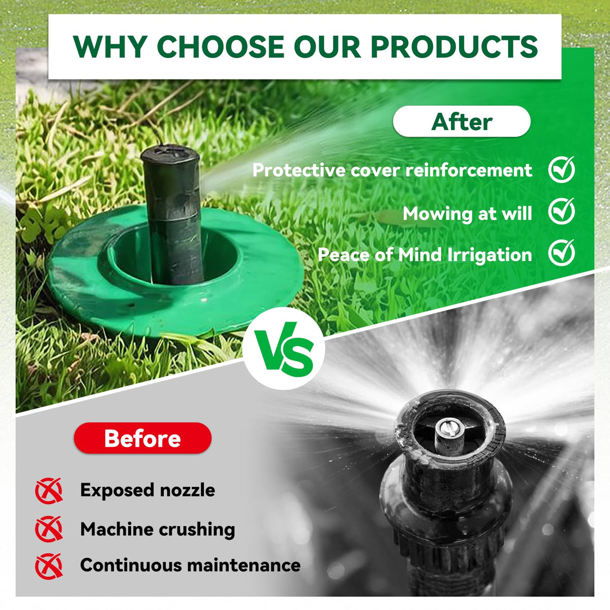 Grass-green, low-profile cover blends with your lawn and protects spray range.