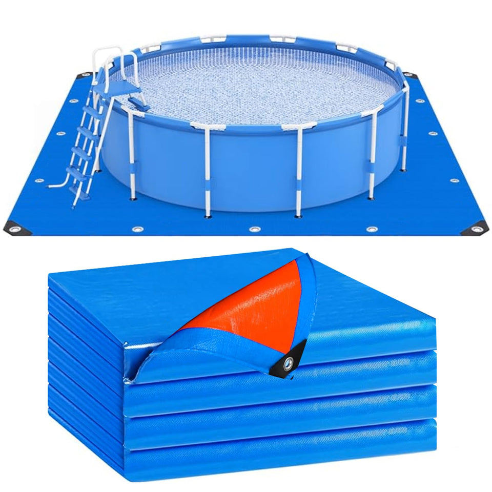 Succulentlovers 17ft blue-orange double-sided pool mat for above-ground pools, protects the liner.