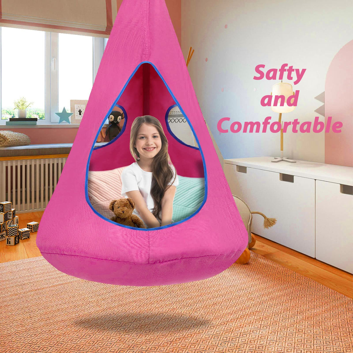 SUCHDECO Kids Nest Swing Chair interior nook with two-window design