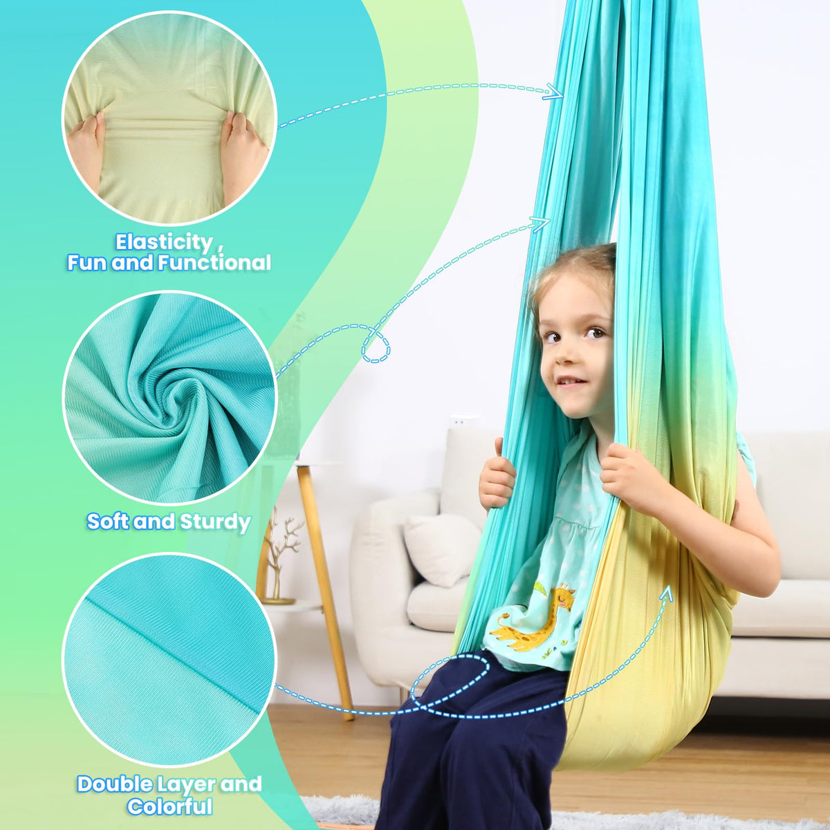 Suchdeco sensory swing cocoon design provides secure hug-like support for children.