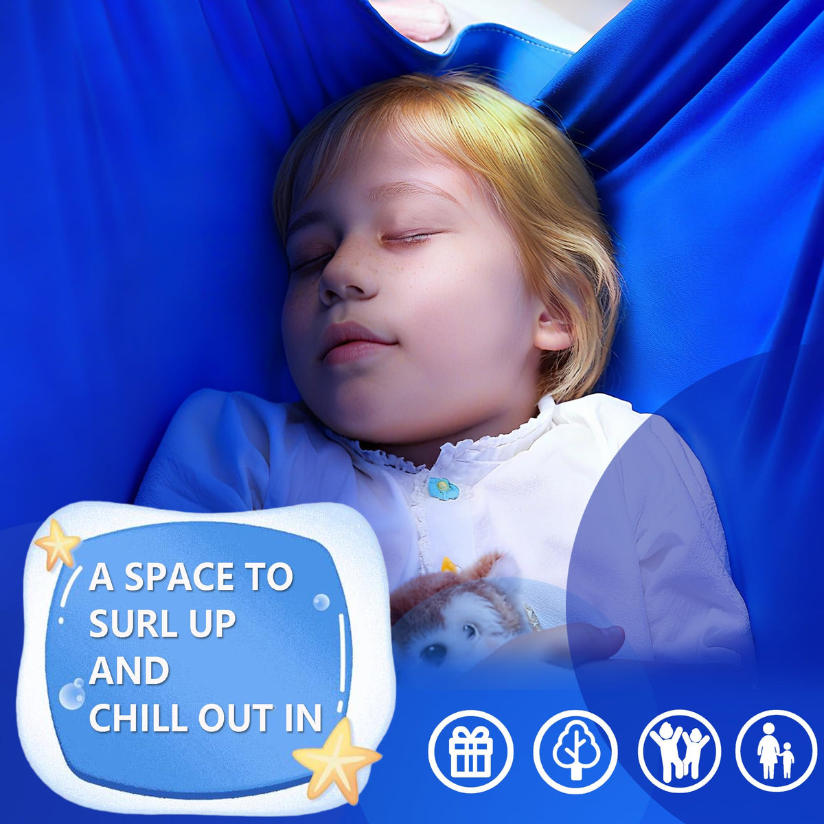 Suchdeco Sensory Swing hammock with 360 degree swivel shows secure hanging for versatile movement