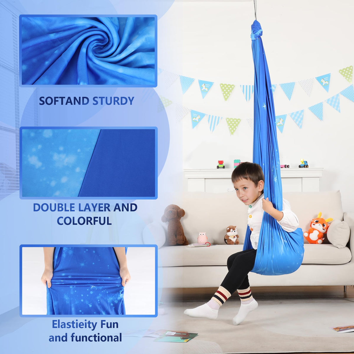 Suchdeco Sensory Swing Star-Blue indoor setup promotes safe acclimation and cozy play