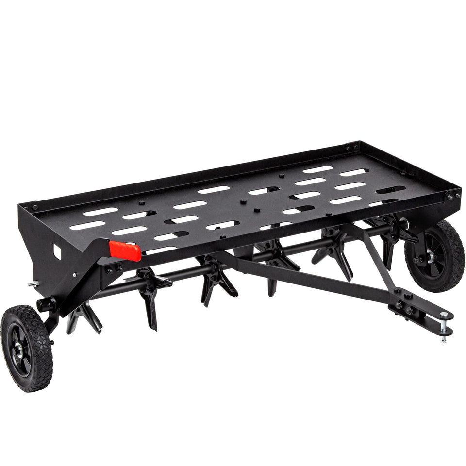 Suchtale 40-inch tow-behind aerator ready for expansive lawn use, improving soil aeration and root access