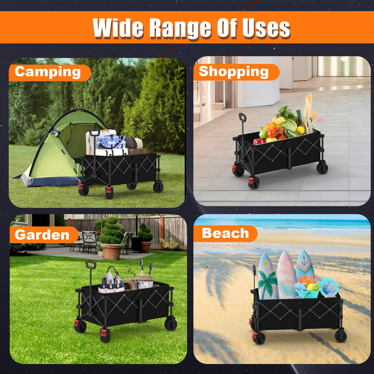 Suemoss multi-scene utility wagon adapts from shopping to camping with ease.
