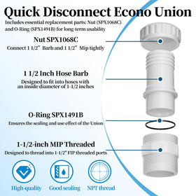 SUFULUNO one-and-one-half-inch pool union made of corrosion-resistant plastic.
