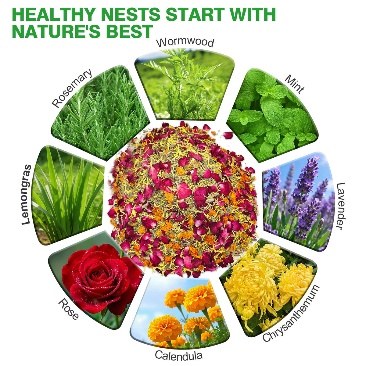 Suicatene nesting herbs in nesting box promoting calm hens