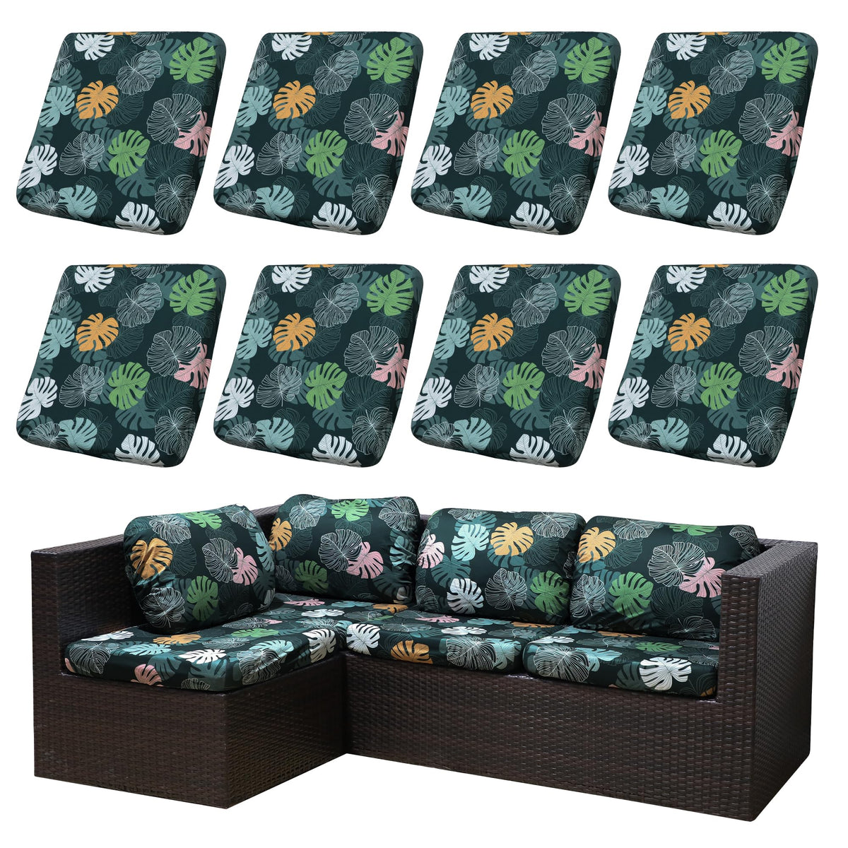 SUKAIKEQA outdoor cushion cover set, 8 pieces, weather-ready for patio furniture.