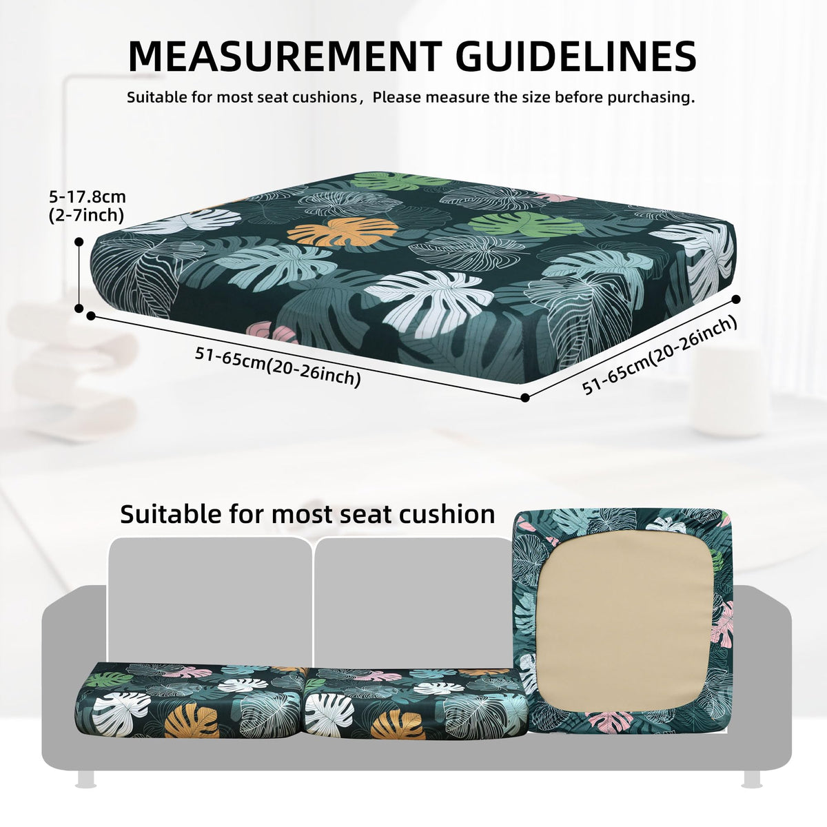 SUKAIKEQA stretch-fit cushion cover demonstrates secure, zipper-free slip-on use.