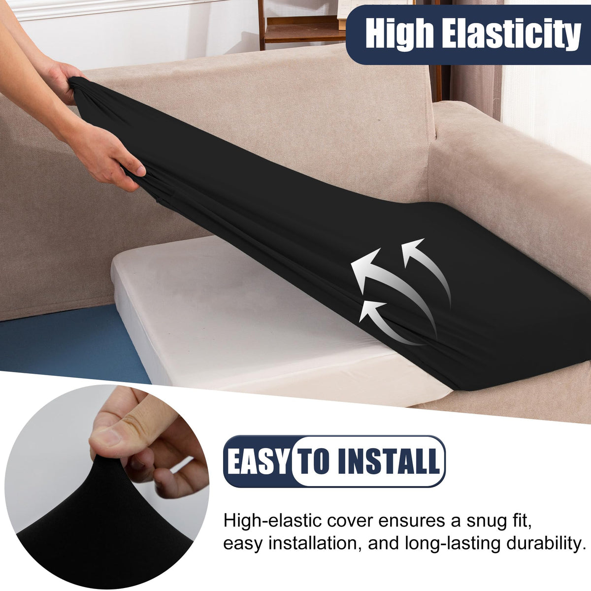 SUKAIKEQA easy-install outdoor cushion cover shown on a sofa cushion.