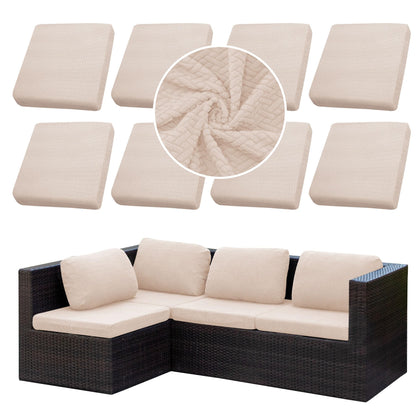 SUKAIKEQA outdoor cushion covers on a patio sofa for a refreshed look.