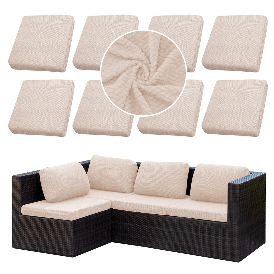 SUKAIKEQA outdoor cushion covers on a patio sofa for a refreshed look.