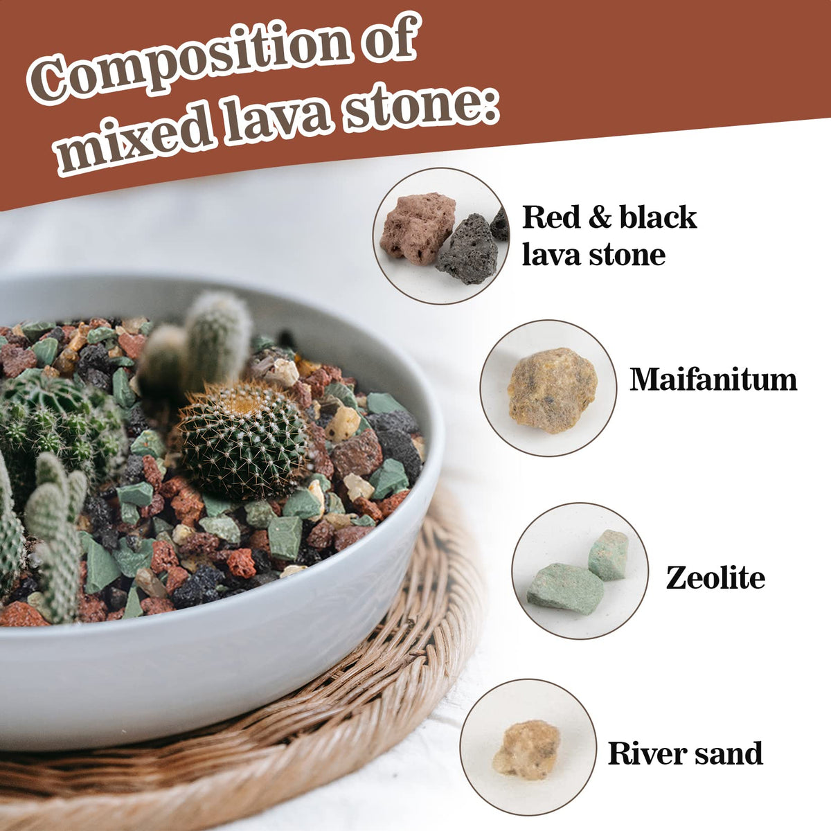 Sukh cactus soil amendment uses mineral lava rocks to support growth.