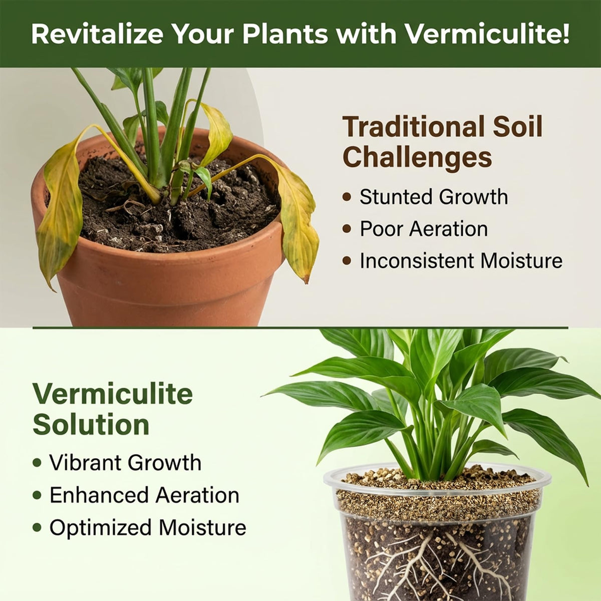Indoor plants with Sukh vermiculite potting mix promoting healthy roots