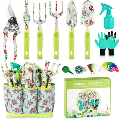SUKKI 13-piece garden tool set with floral pattern for versatile gardening tasks.