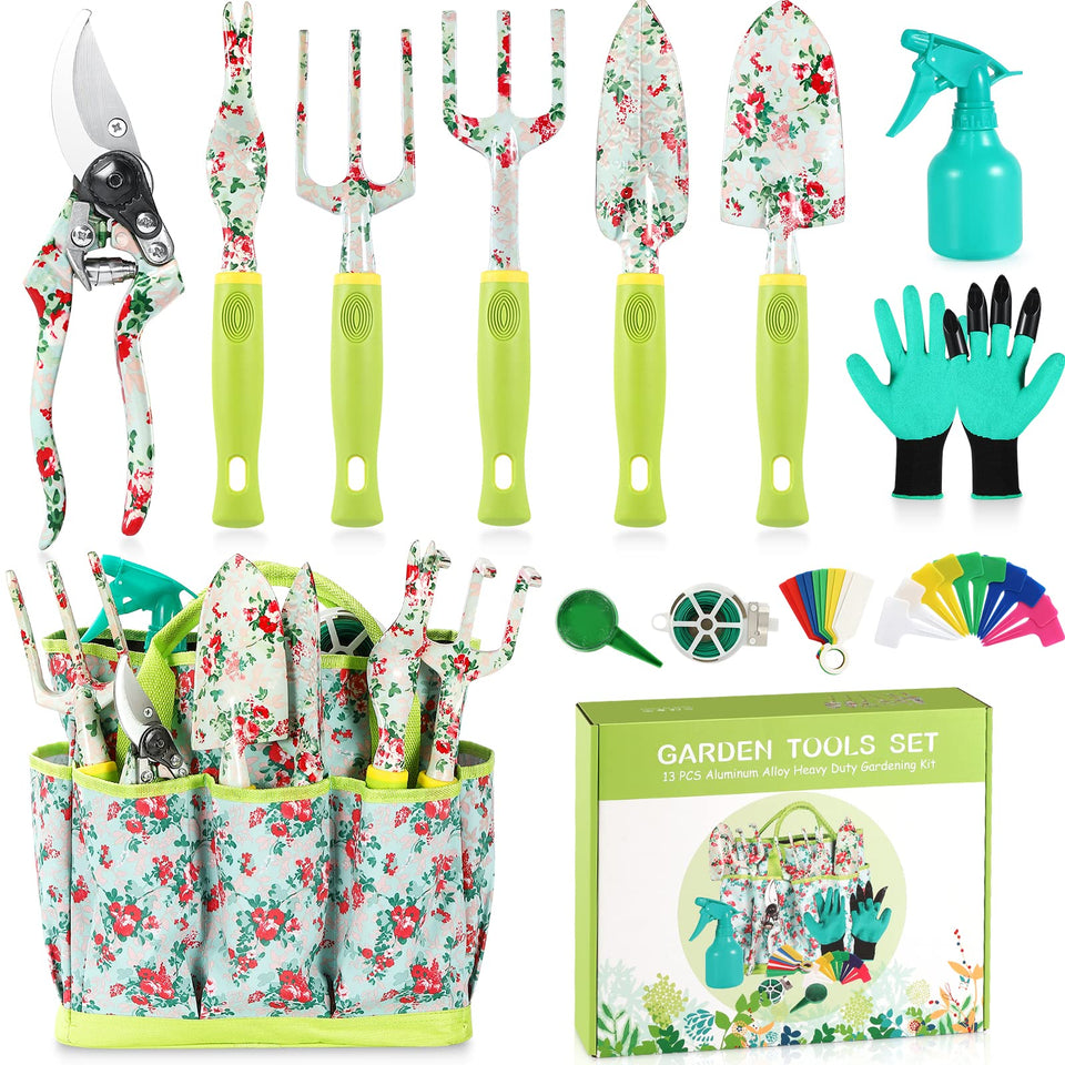 SUKKI 13-piece garden tool set with floral pattern for versatile gardening tasks.