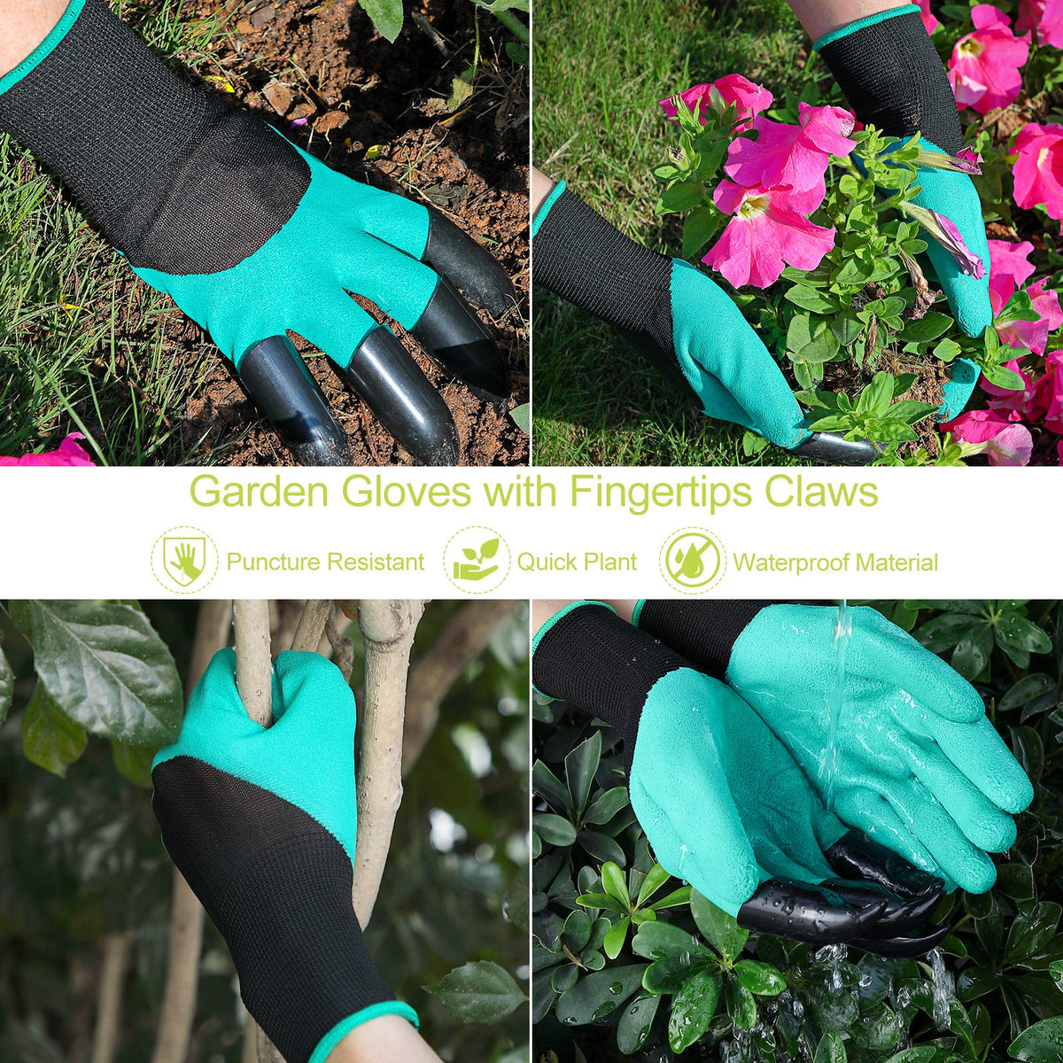 Waterproof gloves with fingertip claws enable quick digging and planting.
