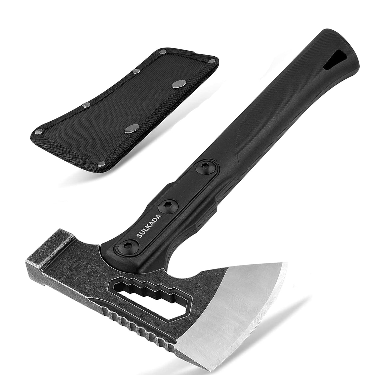 SULKADA camping hatchet blade close-up, 3Cr13 stainless steel with corrosion resistance.