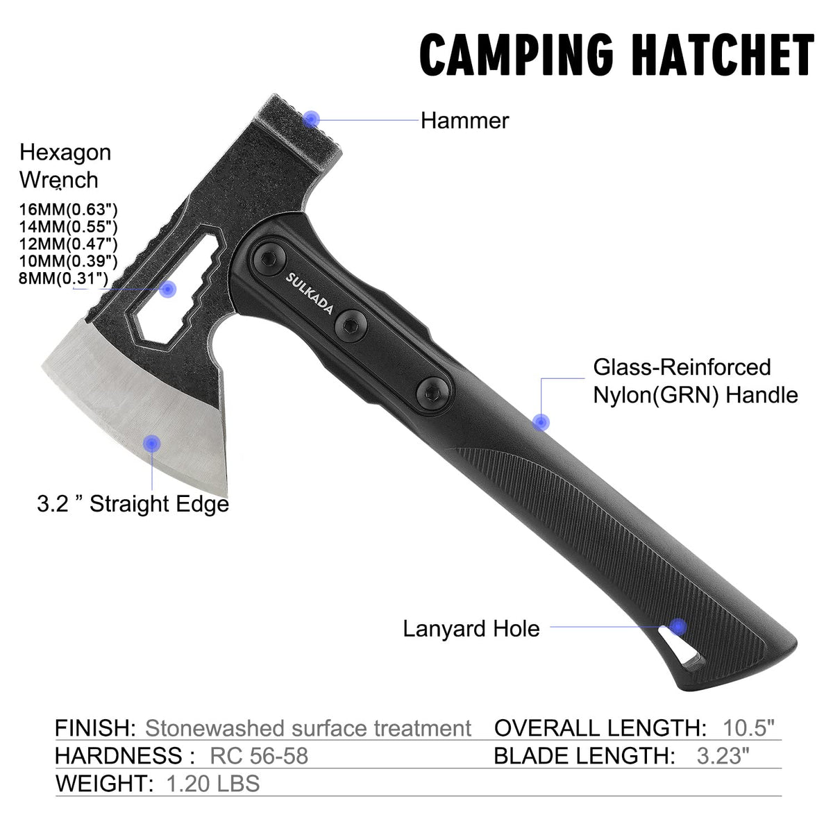 SULKADA camping hatchet handle, fiberglass shock-reduction for comfort.