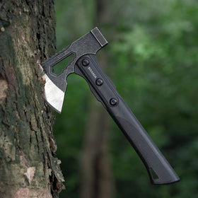 SULKADA camping hatchet in use, chopping wood at a campsite.