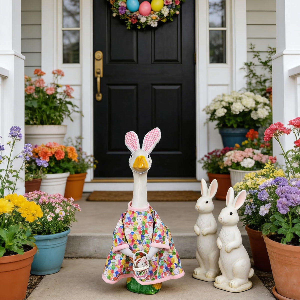 Sumetamii goose egg basket highlights Easter treats in a playful scene.