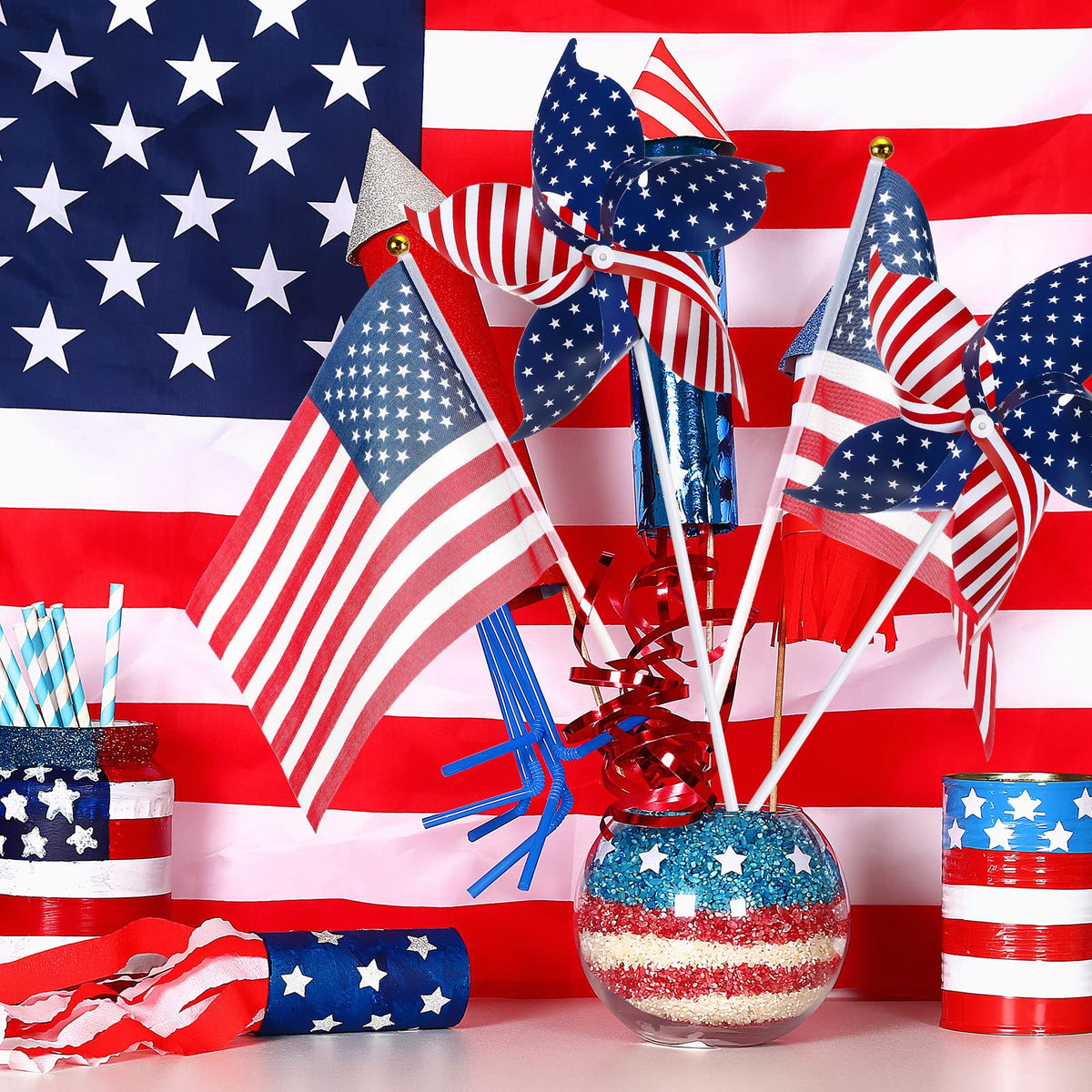 Sumind red white blue pinwheels spin gently in the breeze.