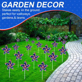 Sumind wind-driven pinwheels showcase bright red, white and blue colors in breeze
