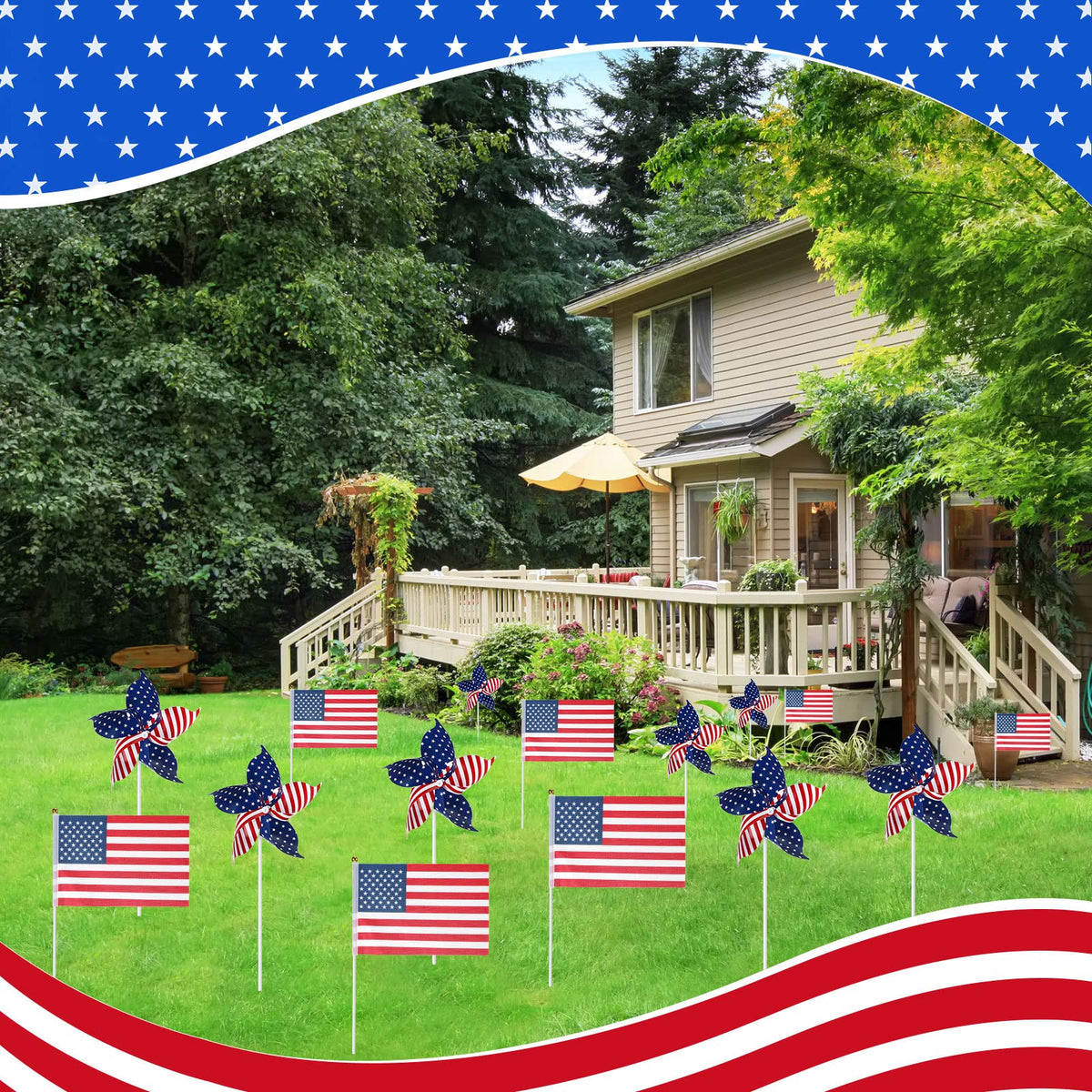 Sumind patriotic windmills catch attention with classic red, white, and blue.