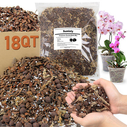 Sumloty Orchid Bark Potting Mix 18QT bag ready for repotting diverse orchids.