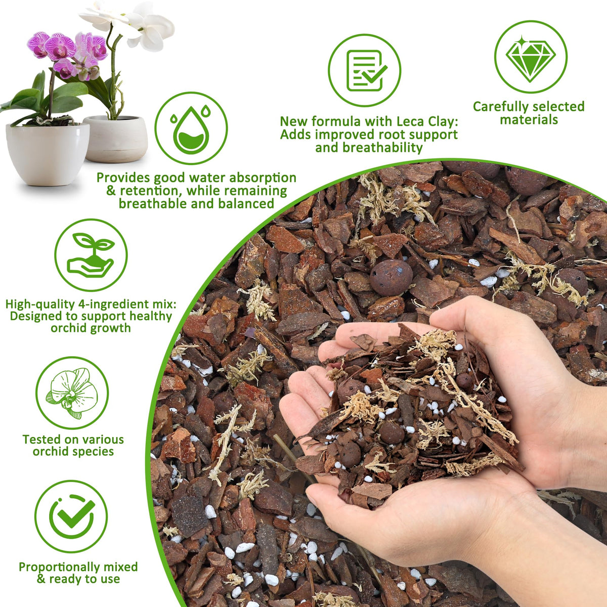 Sumloty orchid bark mix includes sphagnum moss for moisture retention during dry periods.