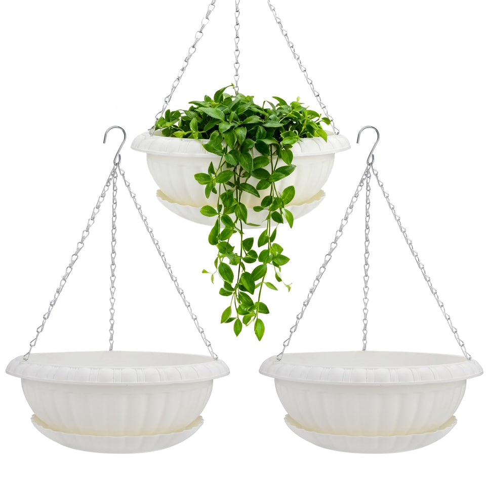Summer Flower 3-pack hanging planters in white offer a premium, lightweight look.